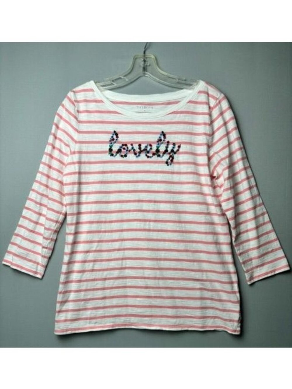 Talbots Women's M Lovely Floral Embroidered Striped Top Pink White 3/4 Sleeve